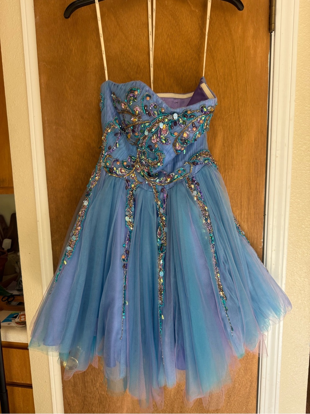 Jasz Couture Strapless Peacock Beaded Tulle Cocktail Dress